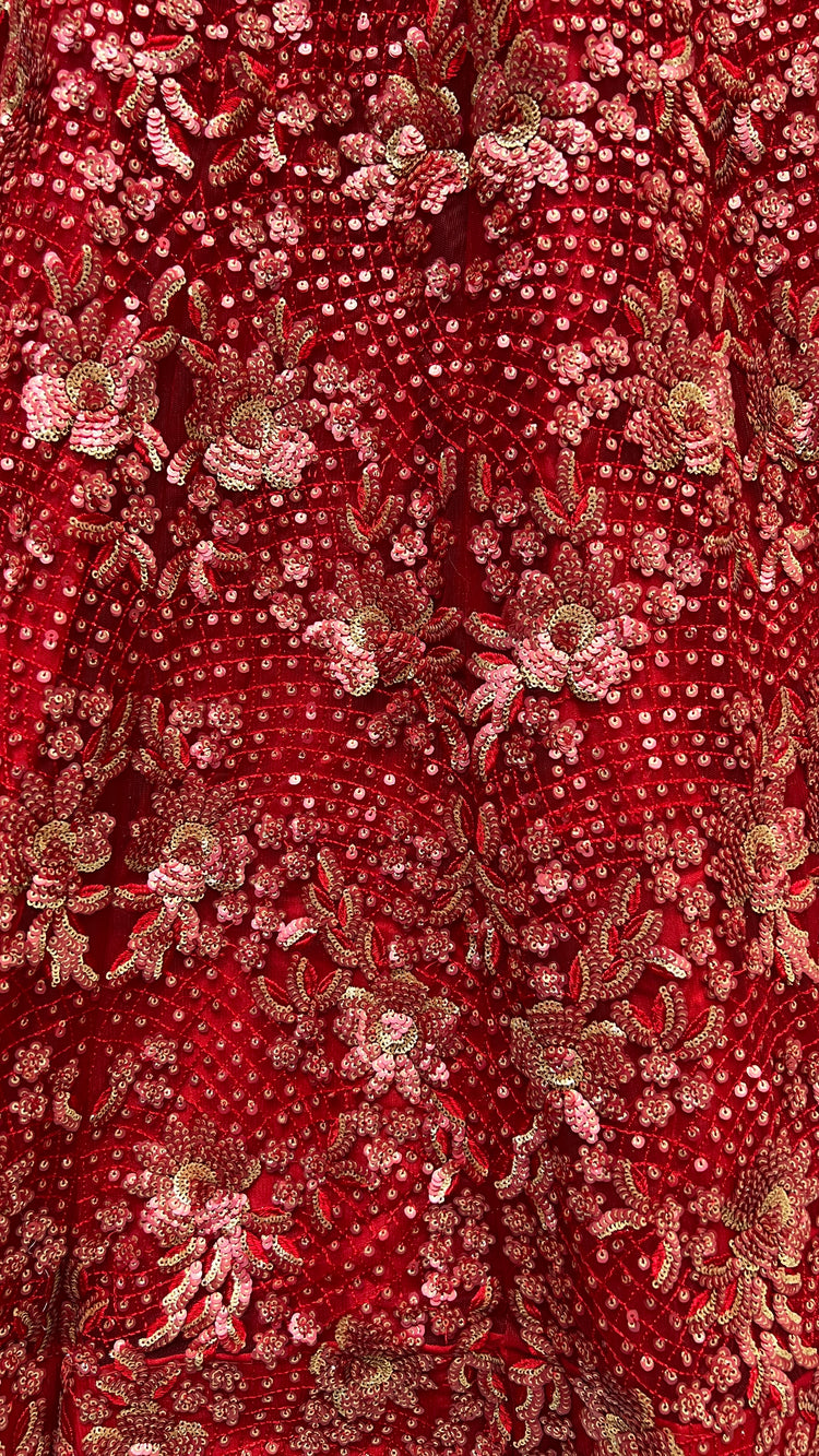 Ruby Red Heavy Net Bridal Lehenga Choli with Fancy Flower Embroidery, Double Sequins, Thread & Zari Work