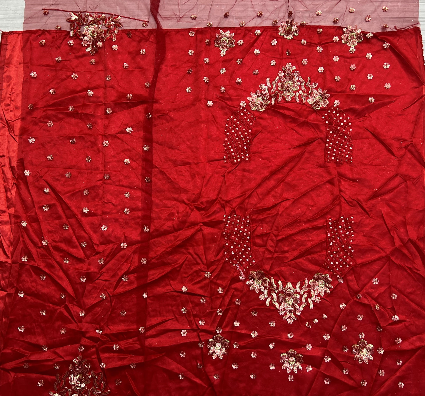 Ruby Red Heavy Net Bridal Lehenga Choli with Fancy Flower Embroidery, Double Sequins, Thread & Zari Work