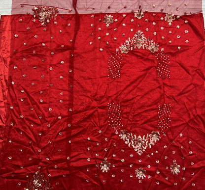 Ruby Red Heavy Net Bridal Lehenga Choli with Fancy Flower Embroidery, Double Sequins, Thread & Zari Work