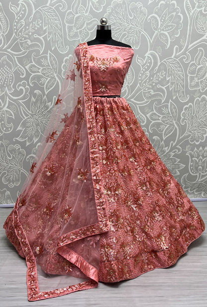 Blush Pink Heavy Net Bridal Lehenga Choli with Floral Sequins, Thread & Zari Embroidery