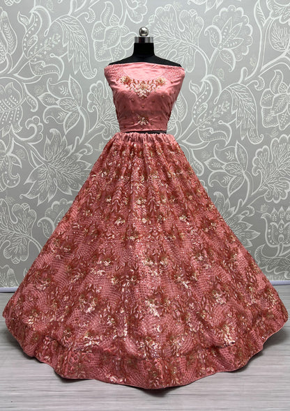 Blush Pink Heavy Net Bridal Lehenga Choli with Floral Sequins, Thread & Zari Embroidery