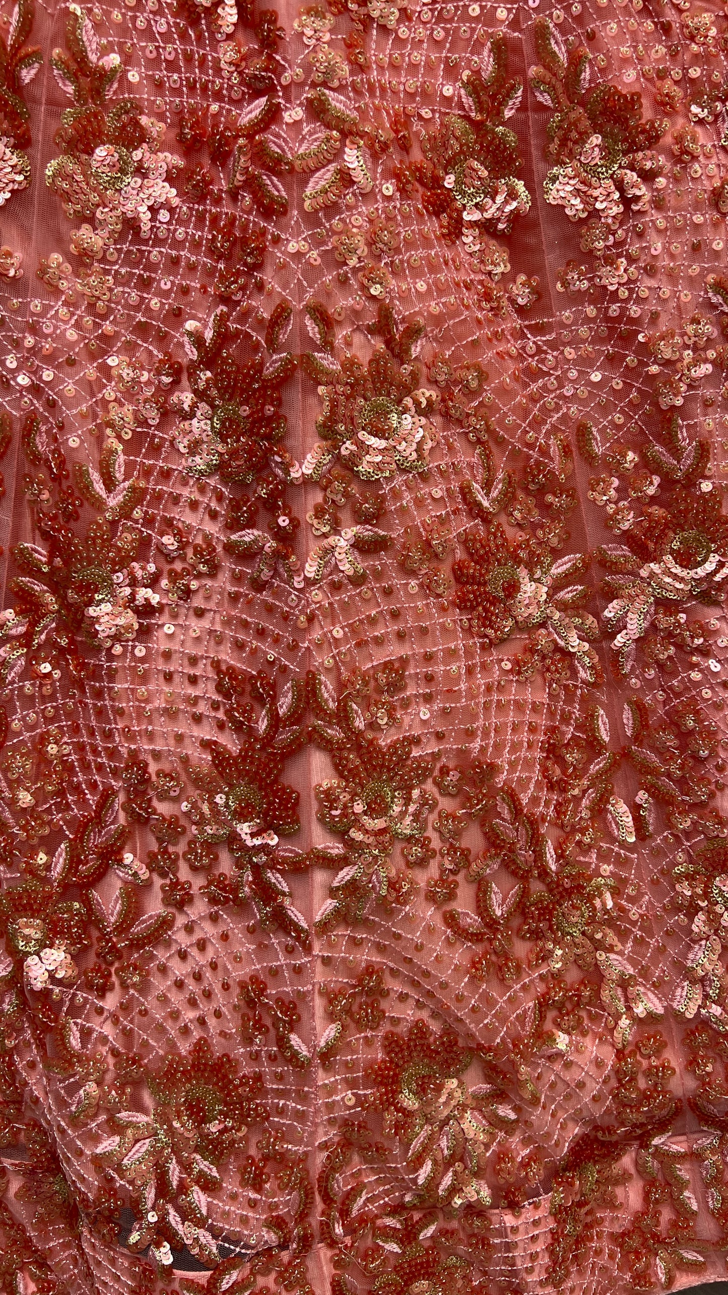 Blush Pink Heavy Net Bridal Lehenga Choli with Floral Sequins, Thread & Zari Embroidery