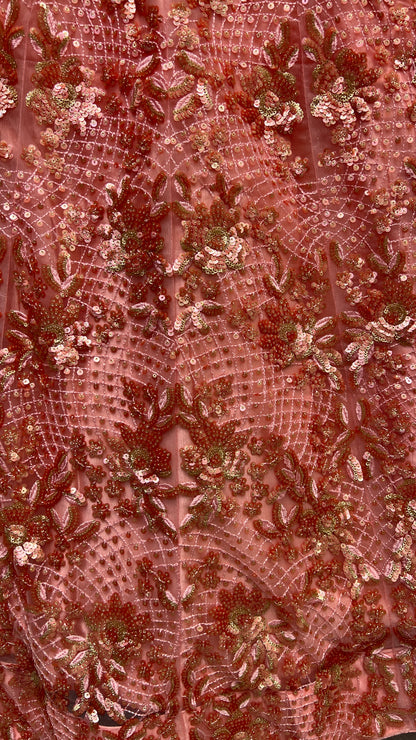 Blush Pink Heavy Net Bridal Lehenga Choli with Floral Sequins, Thread & Zari Embroidery