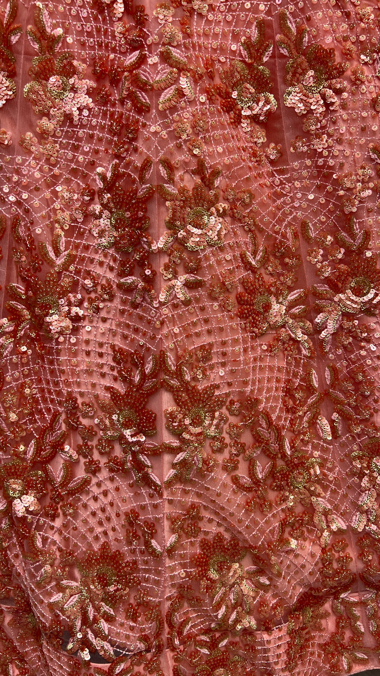 Blush Pink Heavy Net Bridal Lehenga Choli with Floral Sequins, Thread & Zari Embroidery