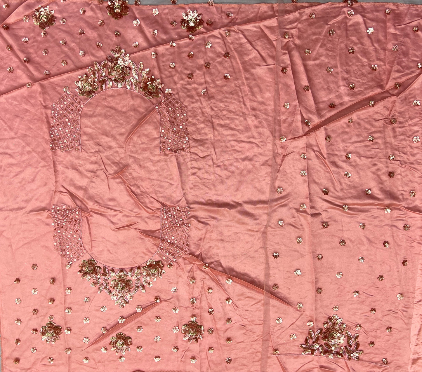 Blush Pink Heavy Net Bridal Lehenga Choli with Floral Sequins, Thread & Zari Embroidery