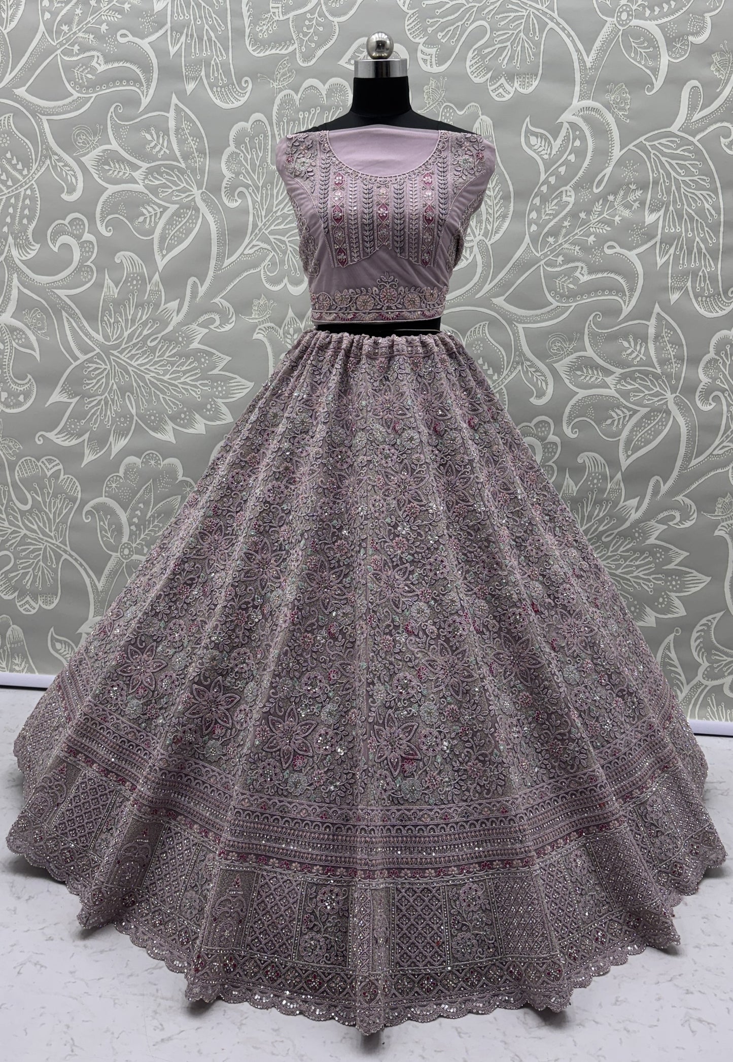 Luxury Dusty Lavender Bridal Net Embroidered Lehenga Choli with Designer Dupatta