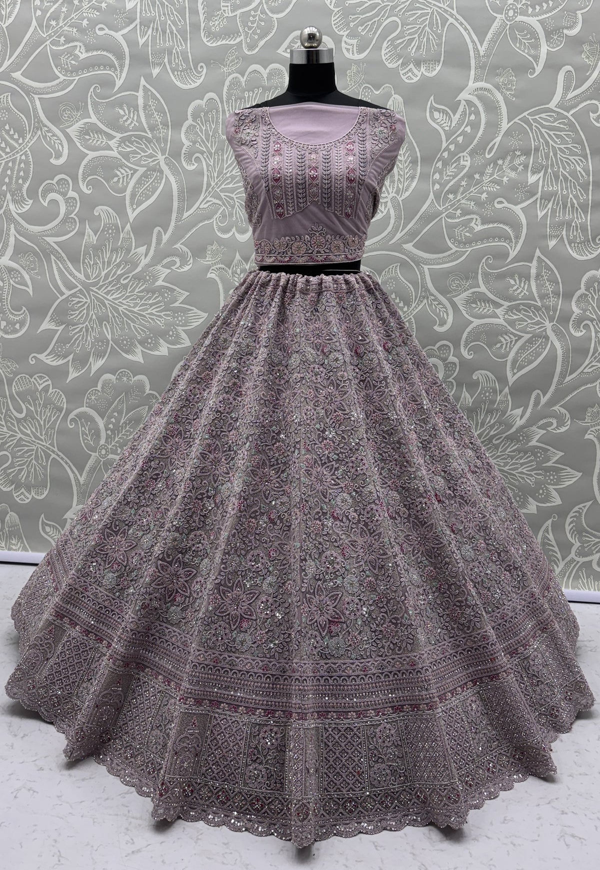 Luxury Dusty Lavender Bridal Net Embroidered Lehenga Choli with Designer Dupatta