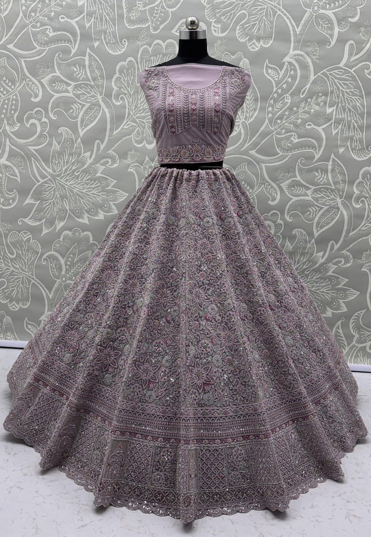 Luxury Dusty Lavender Bridal Net Embroidered Lehenga Choli with Designer Dupatta