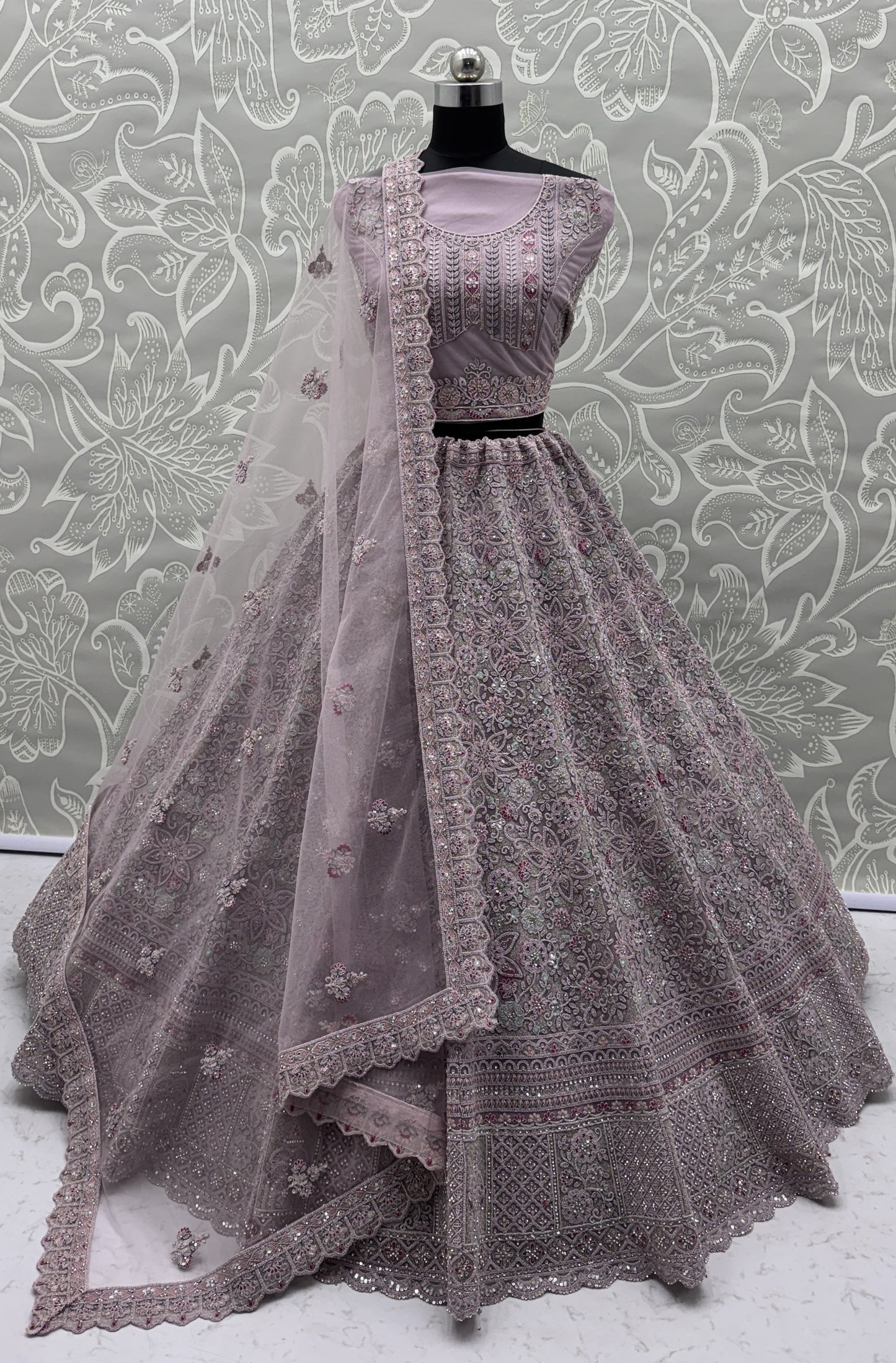 Luxury Dusty Lavender Bridal Net Embroidered Lehenga Choli with Designer Dupatta