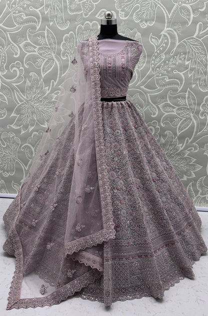 Luxury Dusty Lavender Bridal Net Embroidered Lehenga Choli with Designer Dupatta