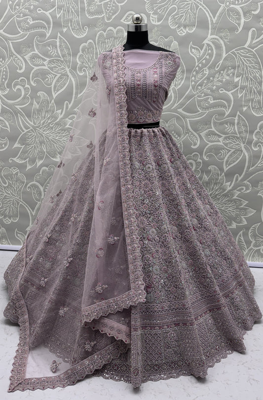 Luxury Dusty Lavender Bridal Net Embroidered Lehenga Choli with Designer Dupatta