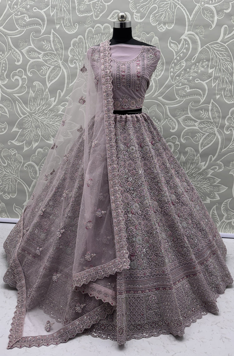 Luxury Dusty Lavender Bridal Net Embroidered Lehenga Choli with Designer Dupatta