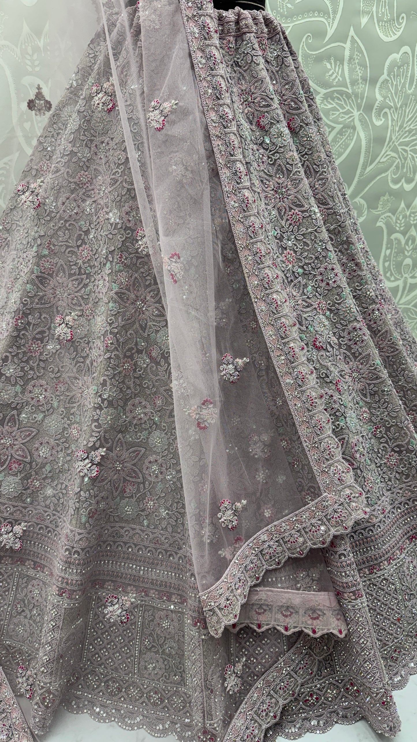 Luxury Dusty Lavender Bridal Net Embroidered Lehenga Choli with Designer Dupatta