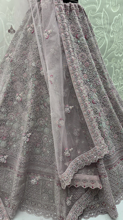 Luxury Dusty Lavender Bridal Net Embroidered Lehenga Choli with Designer Dupatta