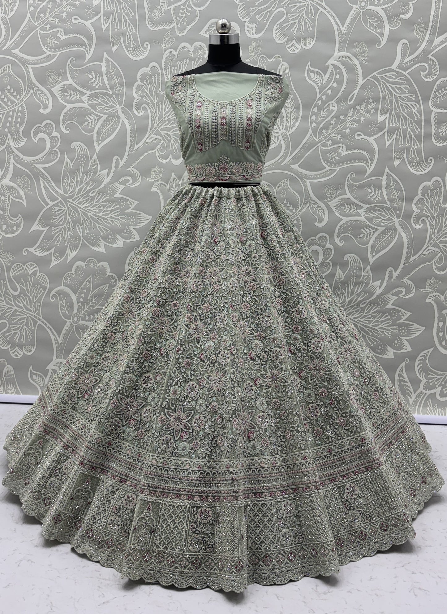 Sage Green Luxury Bridal Lehenga Choli with Heavy Embroidery & Designer Dupatta