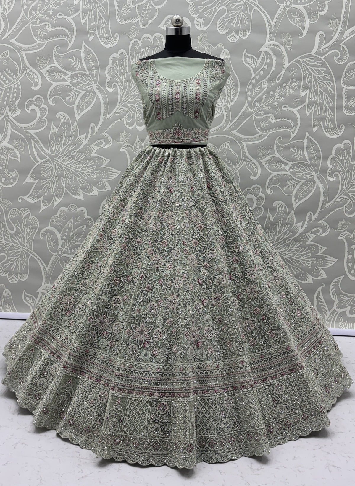 Sage Green Luxury Bridal Lehenga Choli with Heavy Embroidery & Designer Dupatta