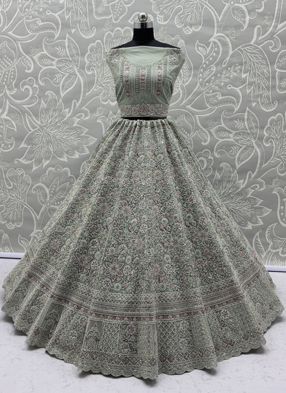 Sage Green Luxury Bridal Lehenga Choli with Heavy Embroidery & Designer Dupatta
