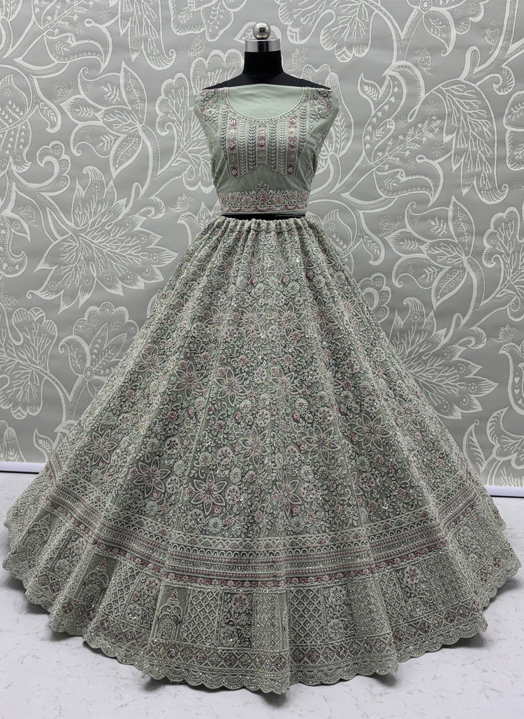 Sage Green Luxury Bridal Lehenga Choli with Heavy Embroidery & Designer Dupatta