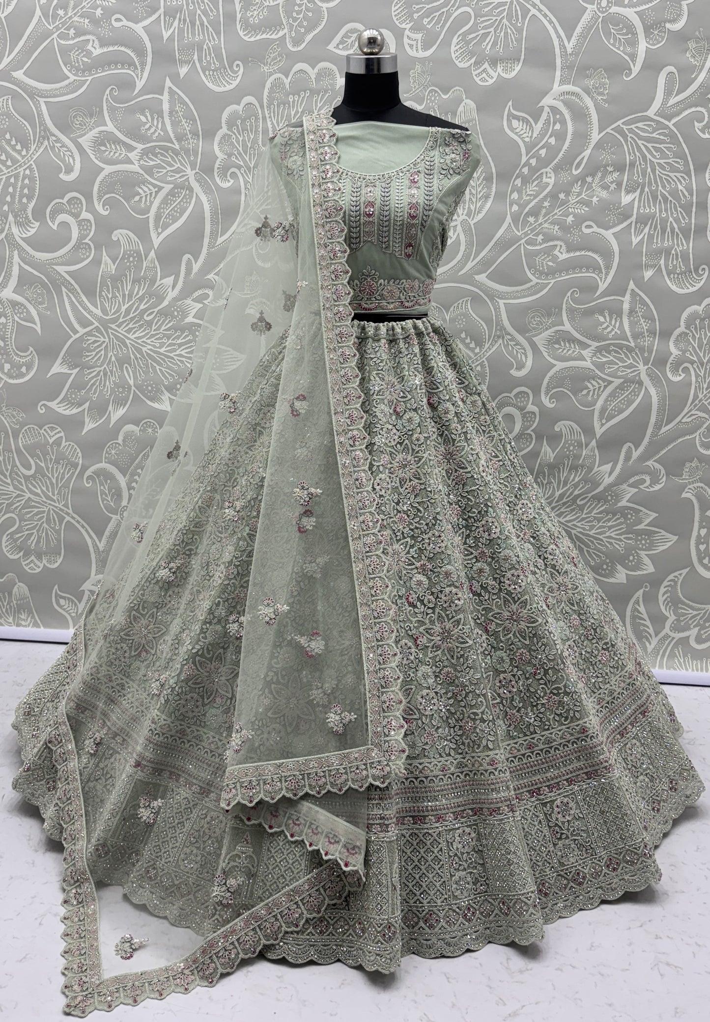 Sage Green Luxury Bridal Lehenga Choli with Heavy Embroidery & Designer Dupatta