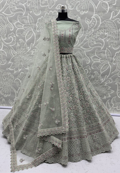 Sage Green Luxury Bridal Lehenga Choli with Heavy Embroidery & Designer Dupatta