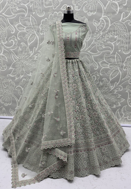 Sage Green Luxury Bridal Lehenga Choli with Heavy Embroidery & Designer Dupatta