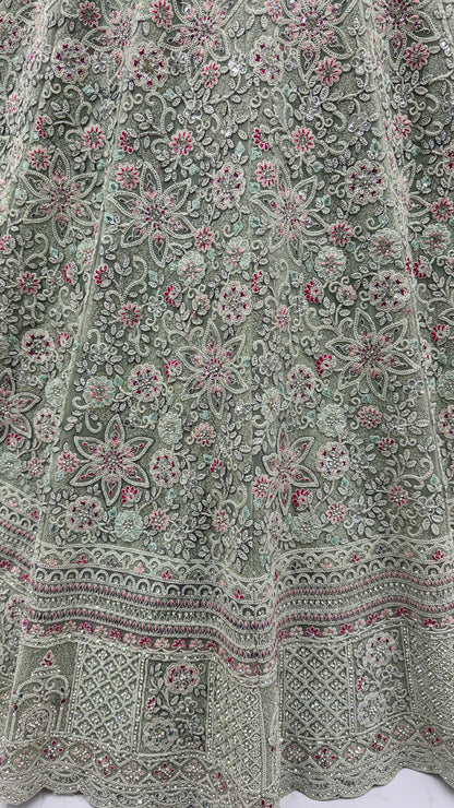 Sage Green Luxury Bridal Lehenga Choli with Heavy Embroidery & Designer Dupatta