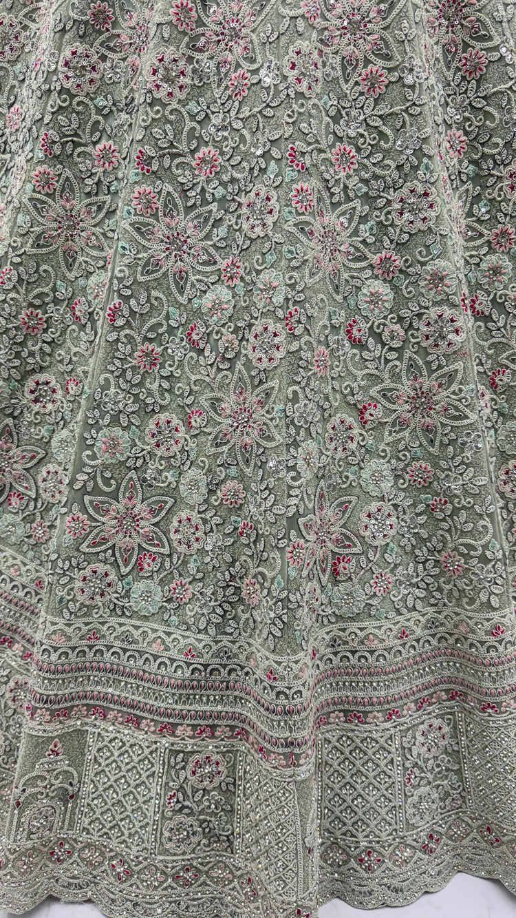 Sage Green Luxury Bridal Lehenga Choli with Heavy Embroidery & Designer Dupatta