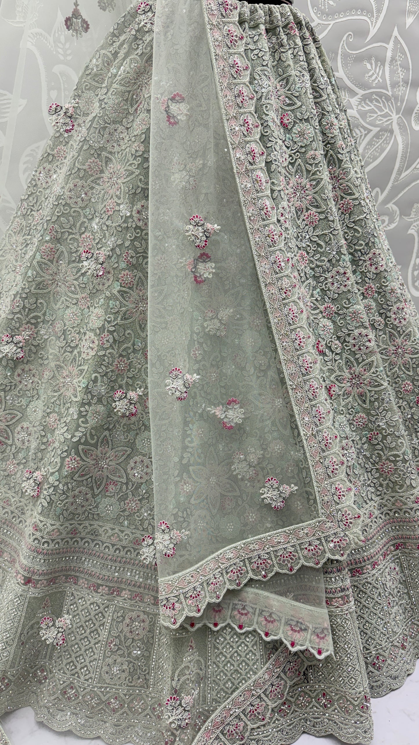 Sage Green Luxury Bridal Lehenga Choli with Heavy Embroidery & Designer Dupatta