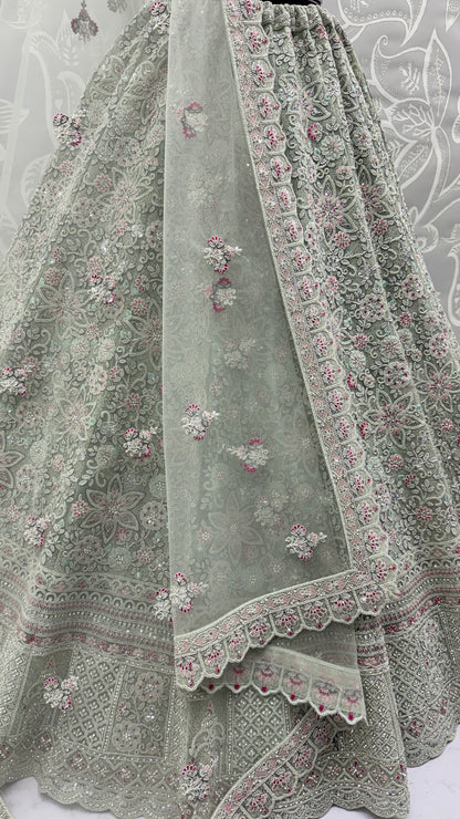Sage Green Luxury Bridal Lehenga Choli with Heavy Embroidery & Designer Dupatta