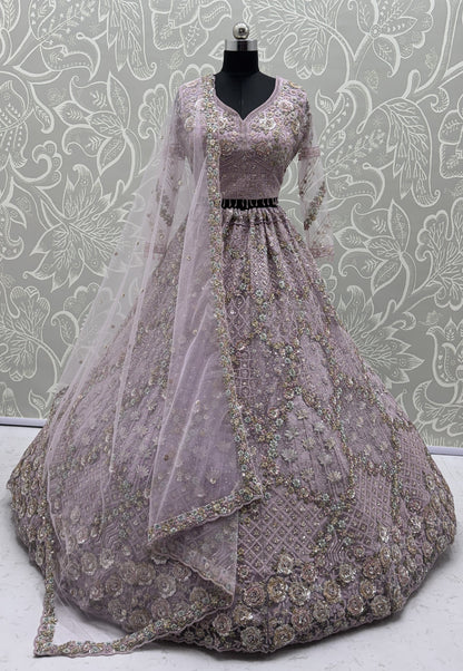 Luxury Lavender Double Net Embroidered Bridal Lehenga Choli with Designer Blouse & Soft Net Dupatta