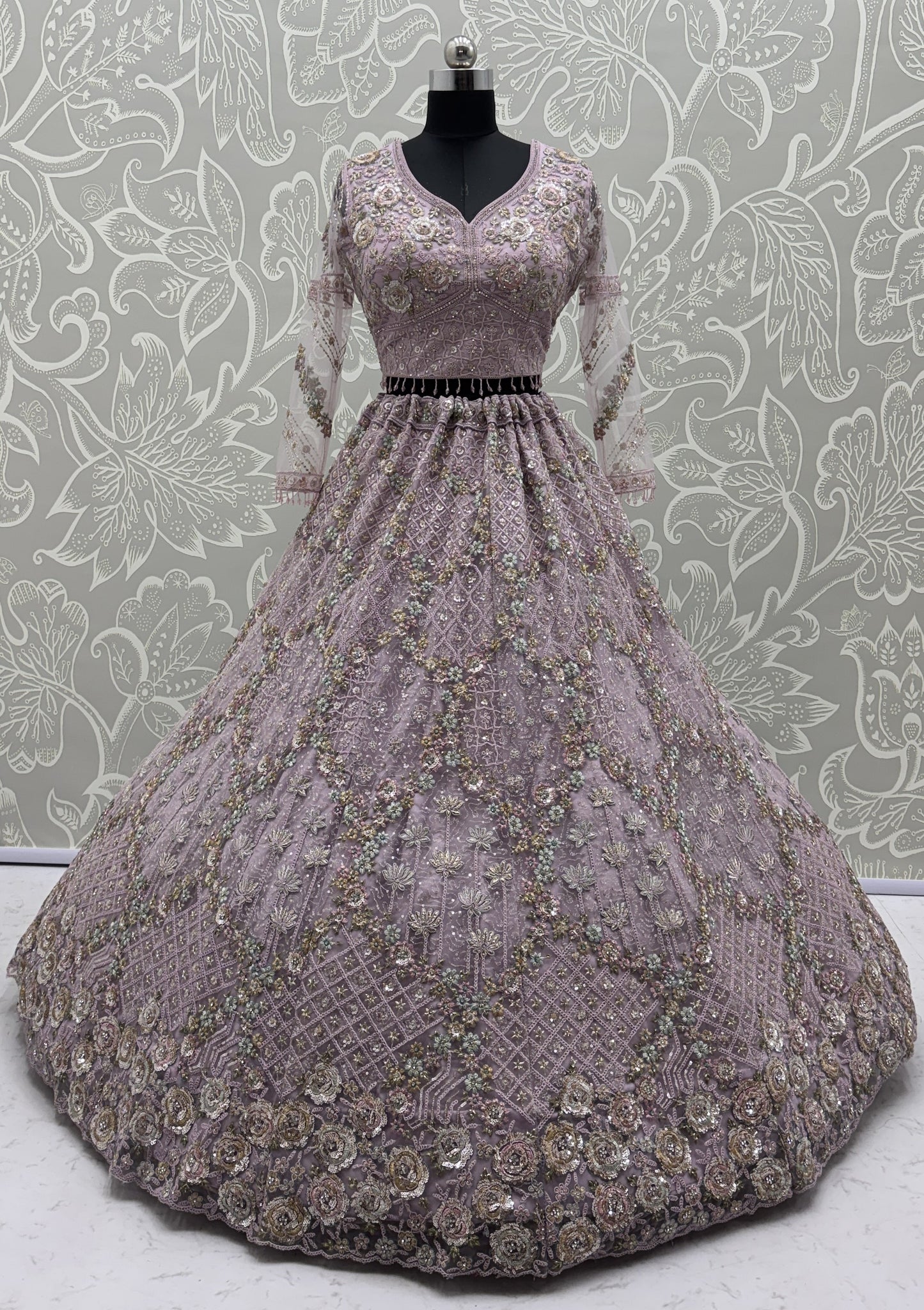 Luxury Lavender Double Net Embroidered Bridal Lehenga Choli with Designer Blouse & Soft Net Dupatta