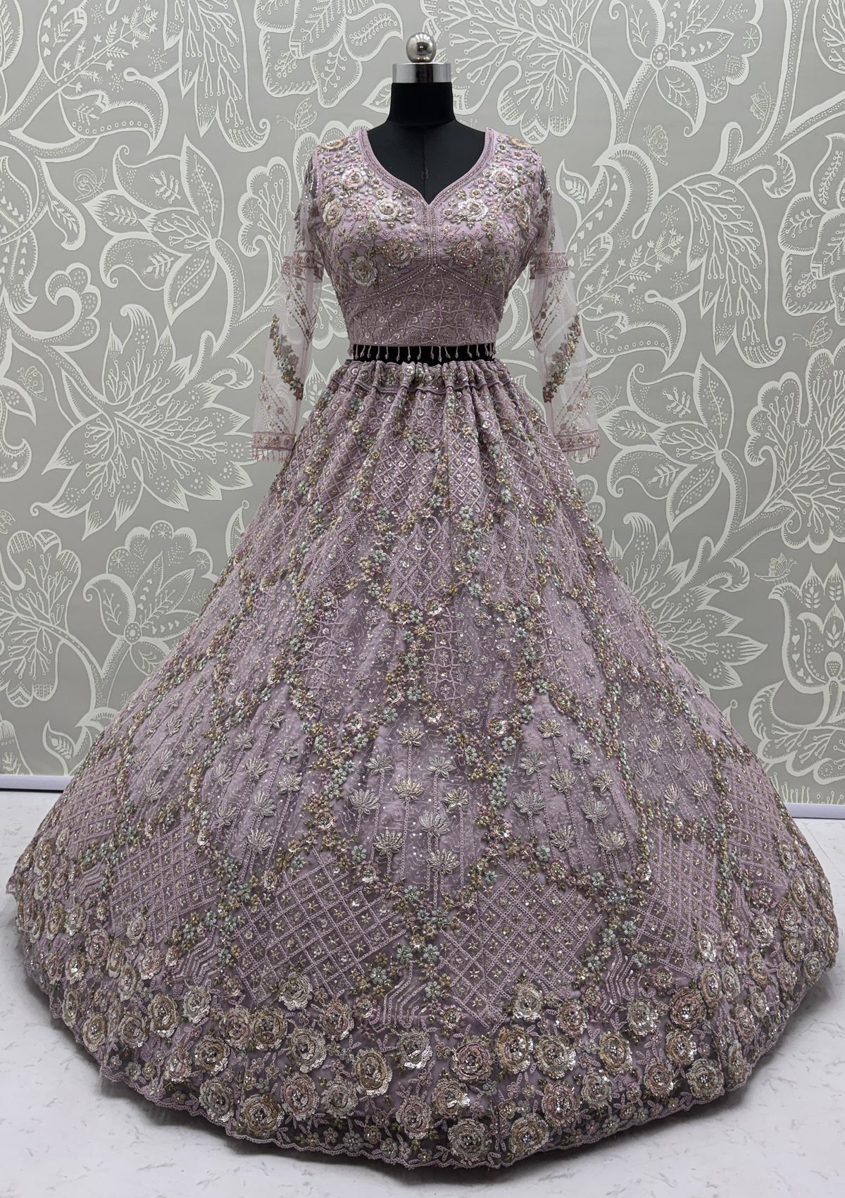 Luxury Lavender Double Net Embroidered Bridal Lehenga Choli with Designer Blouse & Soft Net Dupatta