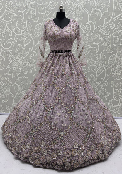 Luxury Lavender Double Net Embroidered Bridal Lehenga Choli with Designer Blouse & Soft Net Dupatta