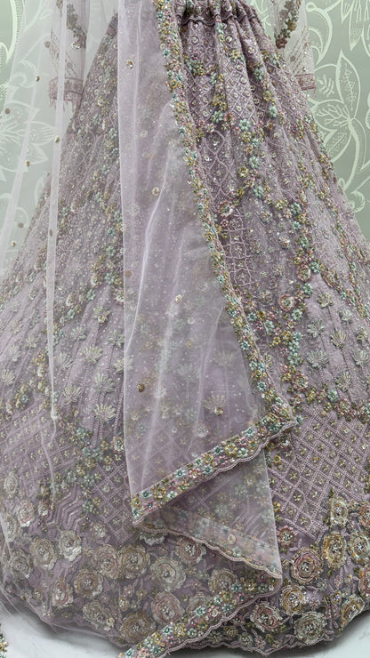 Luxury Lavender Double Net Embroidered Bridal Lehenga Choli with Designer Blouse & Soft Net Dupatta