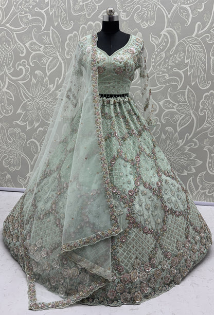 Luxury Mint Green Double Net Embroidered Bridal Lehenga Choli with Designer Blouse & Soft Net Dupatta