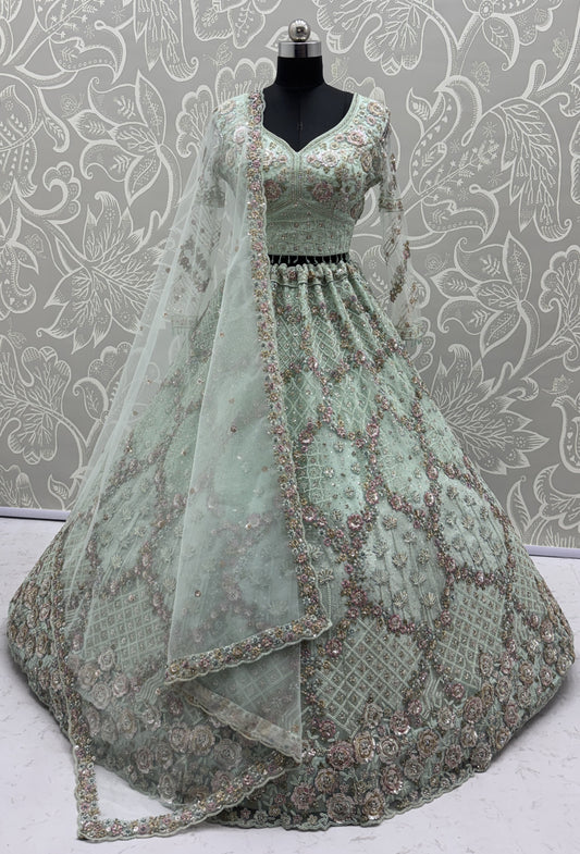 Luxury Mint Green Double Net Embroidered Bridal Lehenga Choli with Designer Blouse & Soft Net Dupatta
