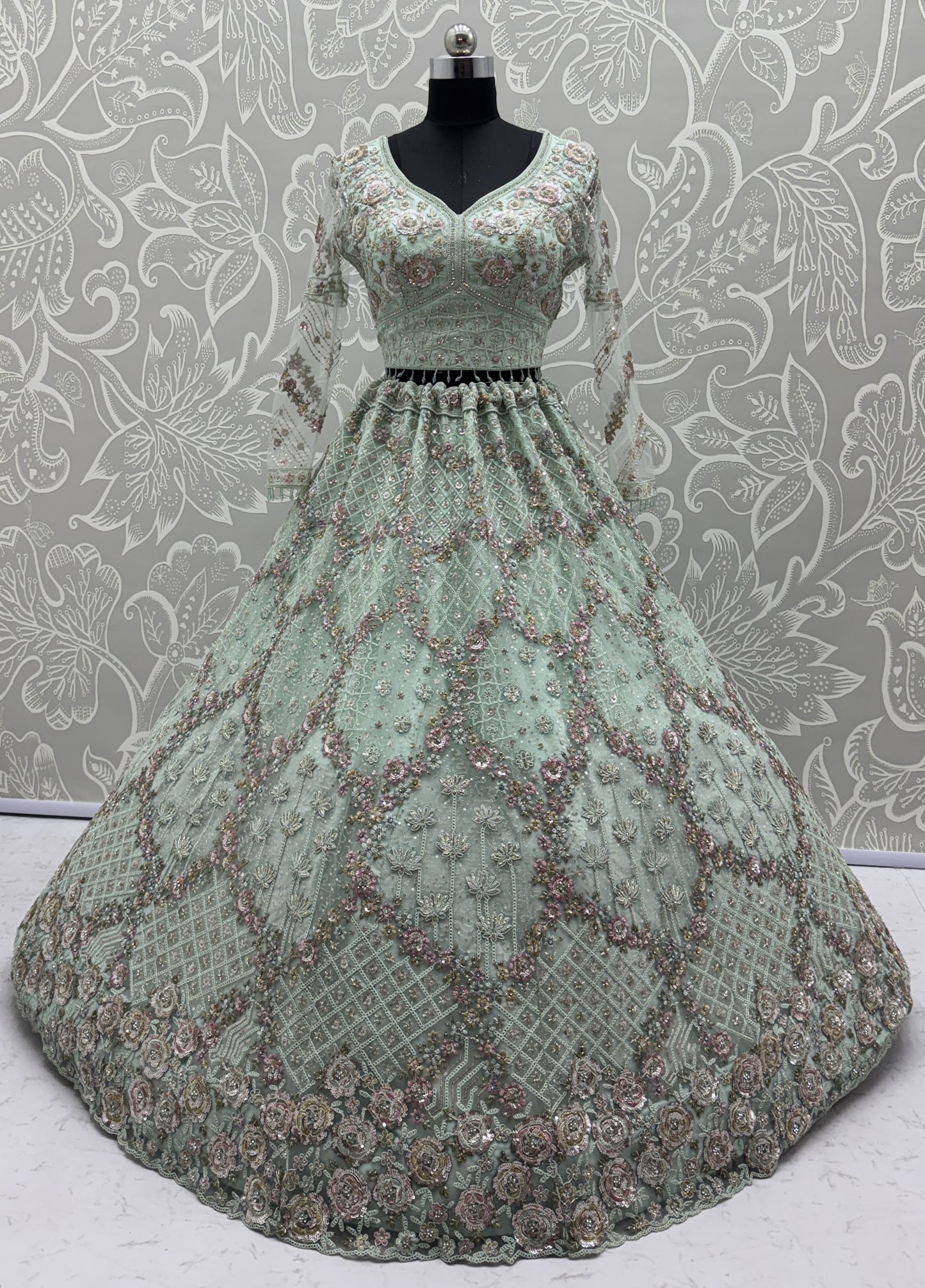 Luxury Mint Green Double Net Embroidered Bridal Lehenga Choli with Designer Blouse & Soft Net Dupatta
