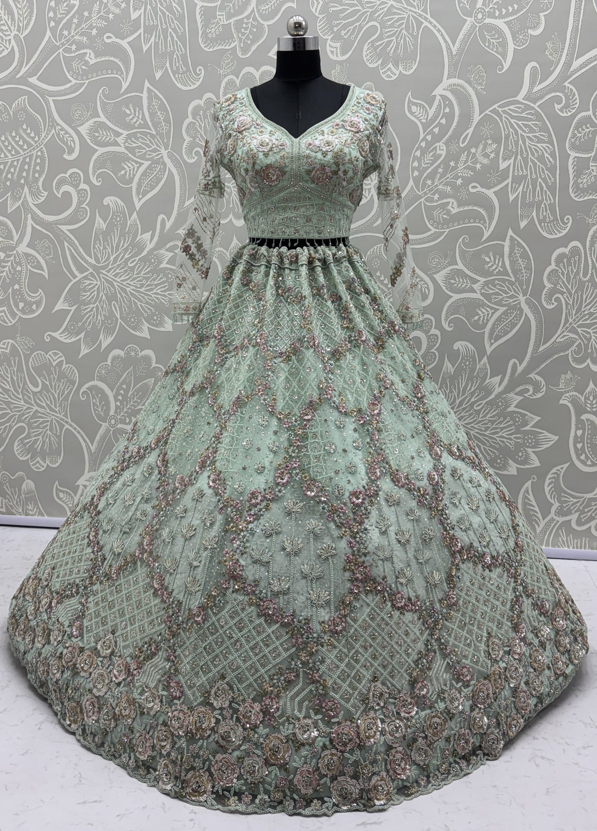 Luxury Mint Green Double Net Embroidered Bridal Lehenga Choli with Designer Blouse & Soft Net Dupatta