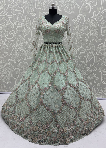 Luxury Mint Green Double Net Embroidered Bridal Lehenga Choli with Designer Blouse & Soft Net Dupatta