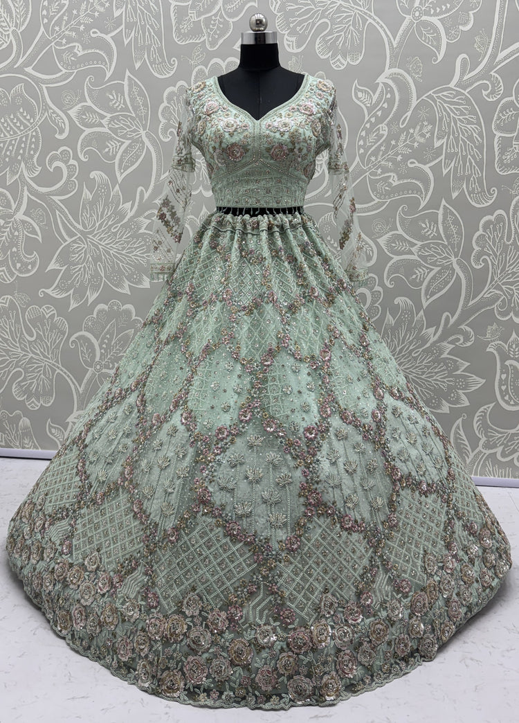 Luxury Mint Green Double Net Embroidered Bridal Lehenga Choli with Designer Blouse & Soft Net Dupatta