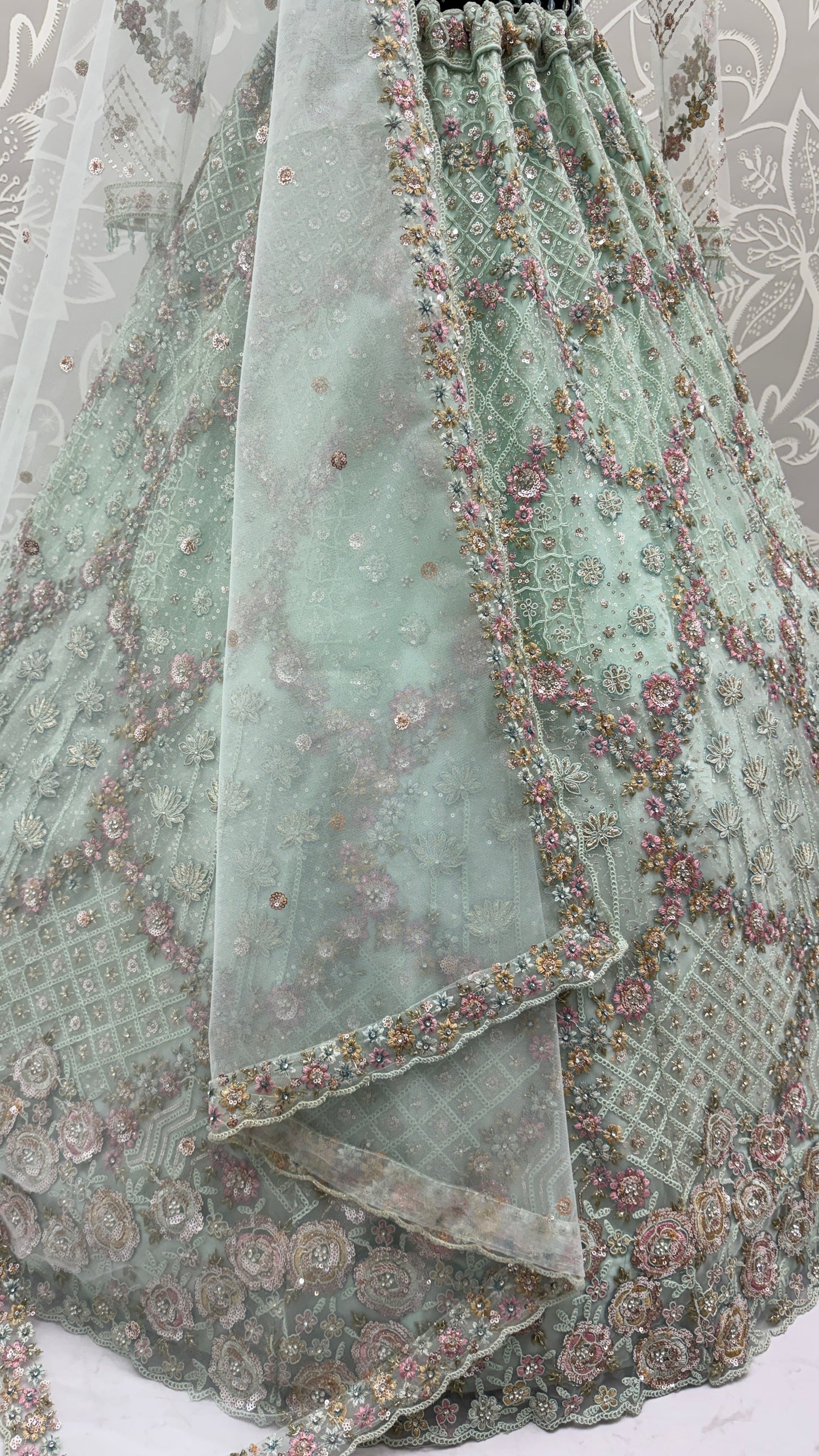 Luxury Mint Green Double Net Embroidered Bridal Lehenga Choli with Designer Blouse & Soft Net Dupatta