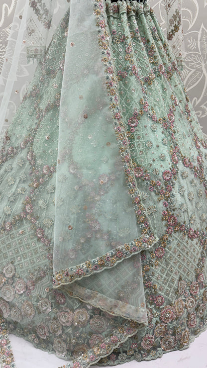 Luxury Mint Green Double Net Embroidered Bridal Lehenga Choli with Designer Blouse & Soft Net Dupatta