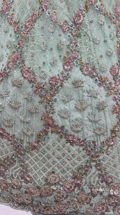 Luxury Mint Green Double Net Embroidered Bridal Lehenga Choli with Designer Blouse & Soft Net Dupatta