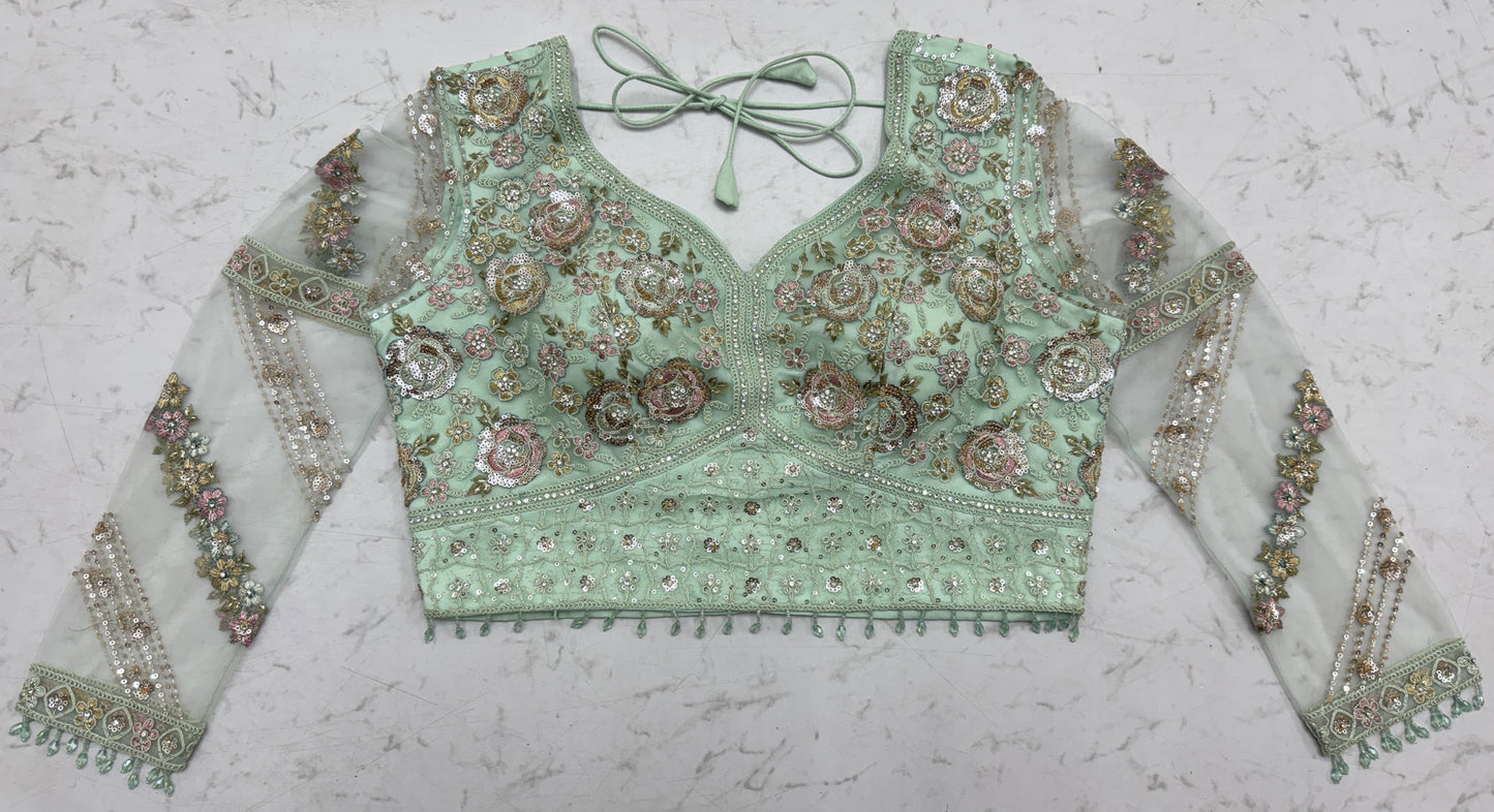 Luxury Mint Green Double Net Embroidered Bridal Lehenga Choli with Designer Blouse & Soft Net Dupatta