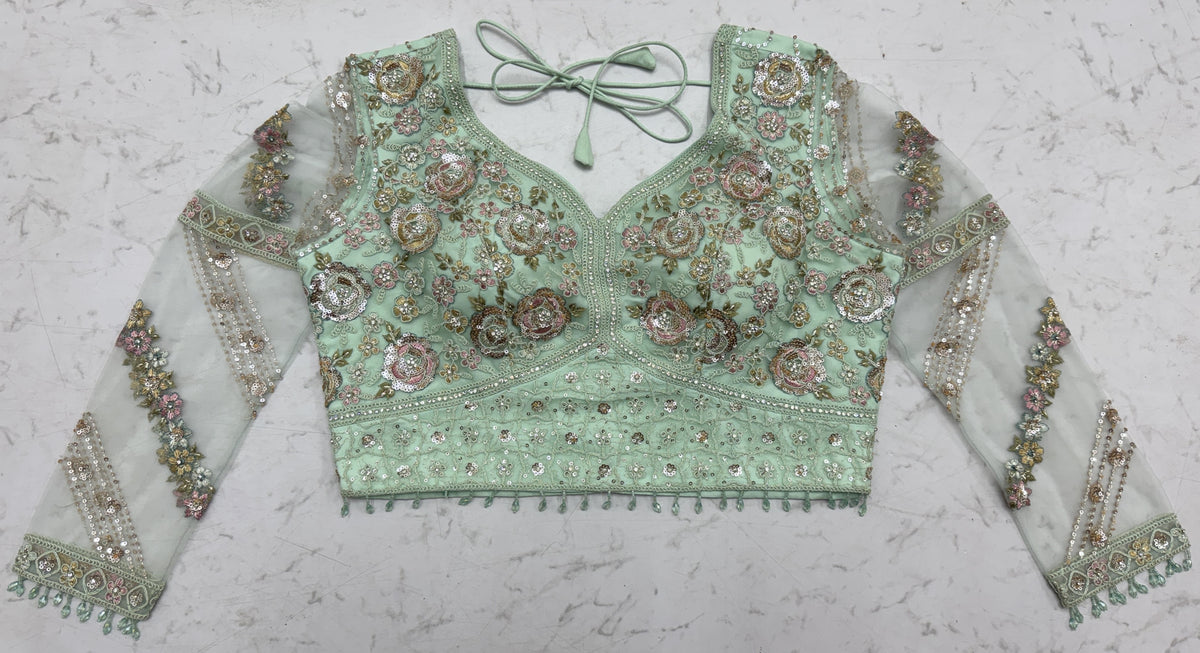Luxury Mint Green Double Net Embroidered Bridal Lehenga Choli with Designer Blouse & Soft Net Dupatta