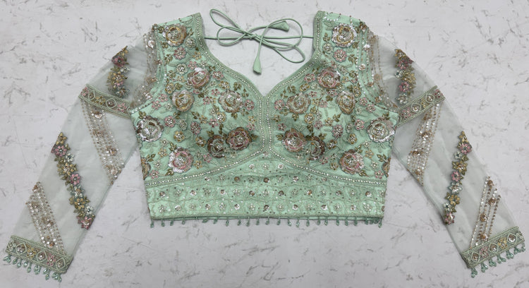 Luxury Mint Green Double Net Embroidered Bridal Lehenga Choli with Designer Blouse & Soft Net Dupatta