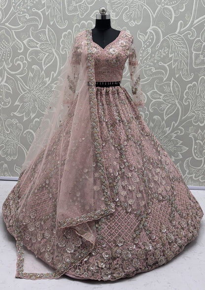 Luxury Blush Pink Double Net Embroidered Bridal Lehenga Choli with Designer Blouse & Soft Net Dupatta
