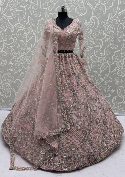 Luxury Blush Pink Double Net Embroidered Bridal Lehenga Choli with Designer Blouse & Soft Net Dupatta
