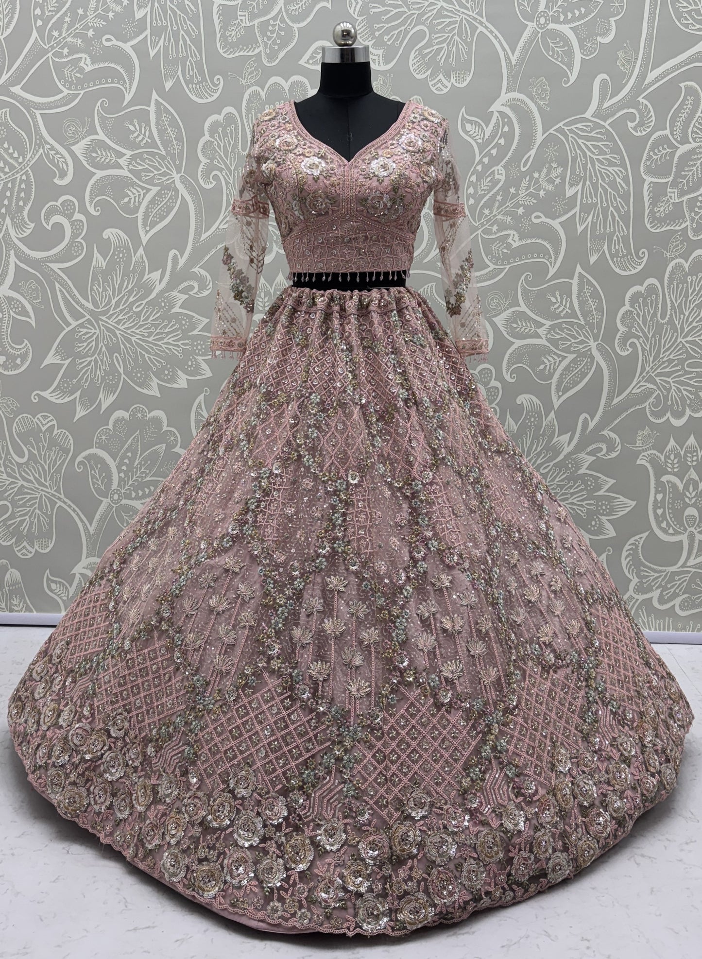 Luxury Blush Pink Double Net Embroidered Bridal Lehenga Choli with Designer Blouse & Soft Net Dupatta
