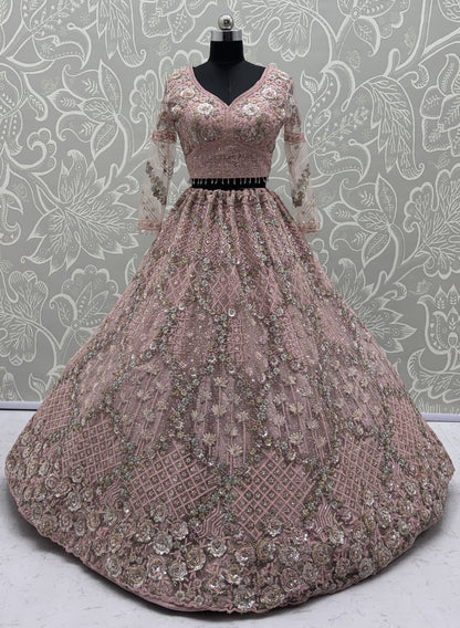 Luxury Blush Pink Double Net Embroidered Bridal Lehenga Choli with Designer Blouse & Soft Net Dupatta